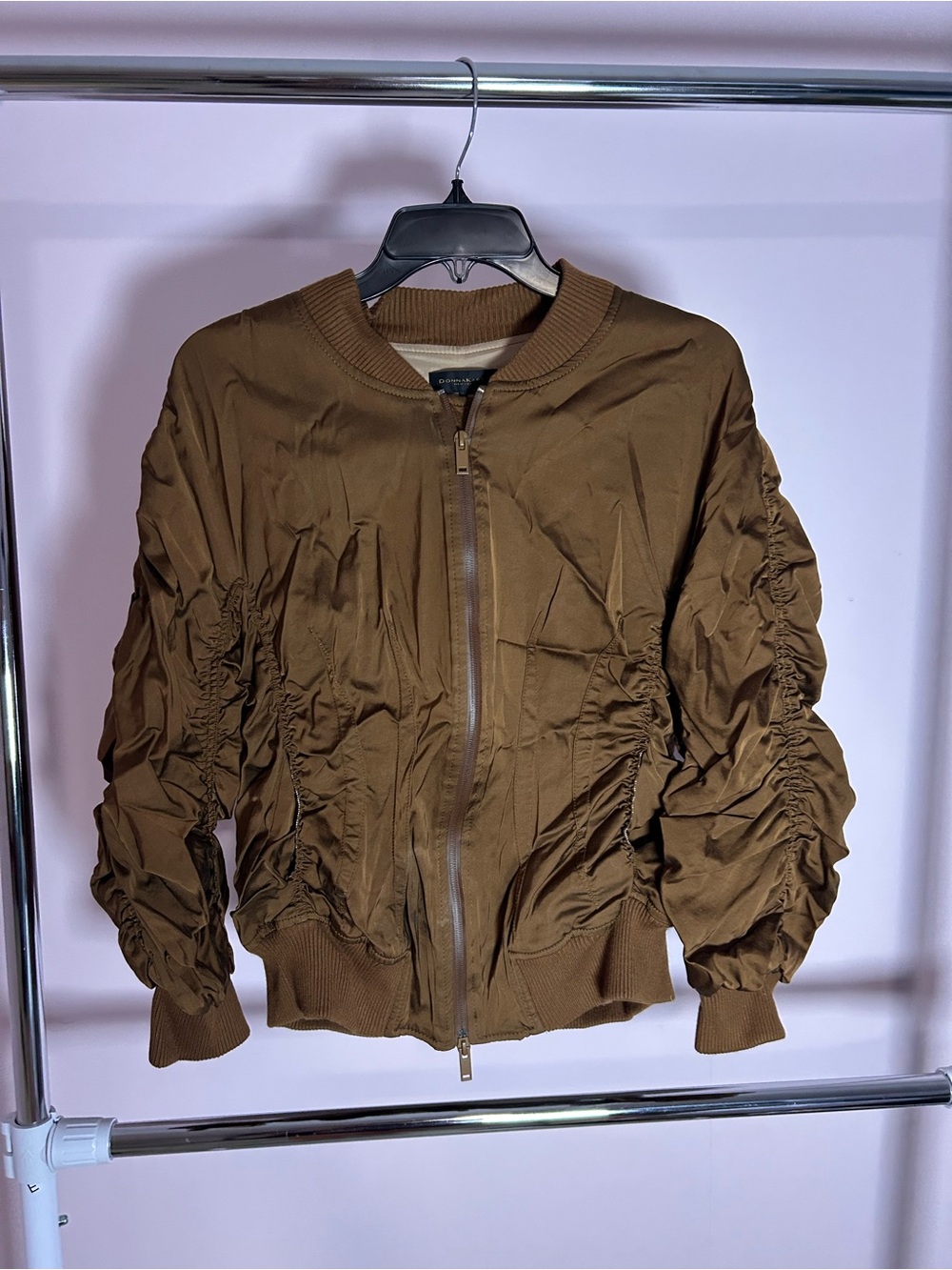 Donna Karan Brown Ruched-Sleeve Bomber Jacket